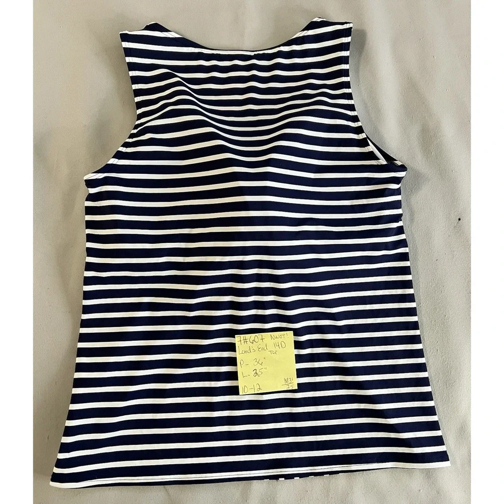 Lands End 14D Swimsuit‎ Tankini Tank Top Navy Blue Stripe High Neck UPF50 NWOT